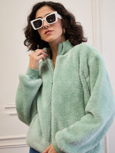 Women Green Fur High Neck Front Zipper Jacket-SFJCKT60297