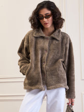 Women Dark Grey Fur Flap Pockets Detail Jacket-SFJCKT60299