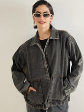 Women Black Washed Denim Oversized Button Down Jacket-SFJCKT60335