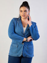 Women Blue Blast Denim Front Button Blazer-SFJCKT60337