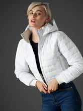Women White Hooded Crop Bomber Puffer Jacket-SFJCKT60365