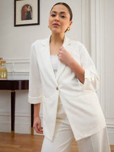 Women White Front Button Notch Collar Blazer