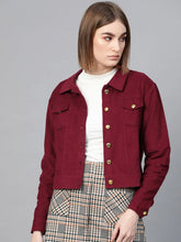 Women Solid Maroon Collared Neck Full Sleeve Jacket