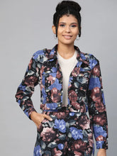 Women Printed Blue Collared Neck Full Sleeve Jacket