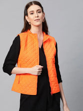 Women Solid Orange Sleeveless Jacket