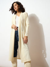 Women Off White Rib Front Open Longline Shrug-SFJCKT6366