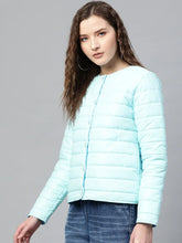 Women Solid Blue Round Neck Full Sleeve Jacket