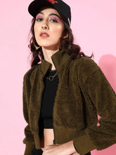 Women Solid Olive Full Sleeve Jacket