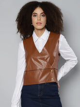 Women Solid Brown Sleeveless Jacket