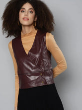 Women Solid Burgundy Sleeveless Jacket