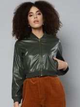 Women Solid Olive Full Sleeve Jacket