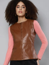 Women Solid Brown Round Neck Sleeveless Jacket