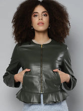 Women Solid Olive Round Neck Full Sleeve Jacket