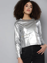 Women Solid Silver Round Neck Full Sleeve Jacket