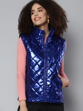Women Solid Blue Sleeveless Jacket