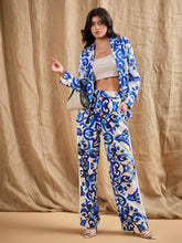 Women Blue Floral Printed Shawl Collar Blazer With Straight Fit Pants-SFJCKT6919_SFPANT50842