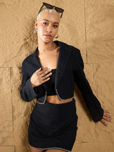 Women Black Denim Notch Collar Crop Blazer With Short Skirt-SFJCKT6921_SFSKRT30459