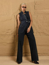 Women Black Wash Denim Eyelet Jacket With Straight Fit Jeans-SFJCKT6929_SFJEAN0574