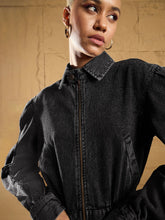 Women Black Washed Zipper Biker Crop Jacket-SFJCKT6932