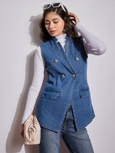 Women Blue Denim Flap Pocket Sleeveless Jacket-SFJCKT6967
