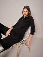 Women Black Terry Hoodie Jacket With Track Pants-SFJCKT6971_SFPANT50995