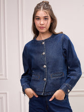 Women Blue Washed Denim Front Button Jacket-SFJCKT6980