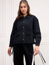 Women Black Washed Denim Front Pocket Jacket-SFJCKT6982