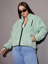 Women Green Faux Fur Contrast Piping Zipper Jacket-SFJCKT6996