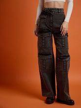 Women Black Washed Cargo Straight Jeans-SFJEAN0661