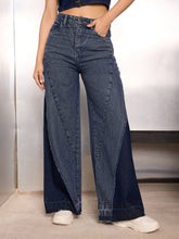 Women Blue Washed ColorBlock Wide Leg Jeans-SFJEAN0771