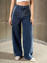 Women Navy Blue ColorBlock Zipper Detail Wide Leg Jeans-SFJEAN0785