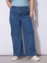 Women Blue Wash Side Pockets Straight Cargo Jeans-SFJEAN0789
