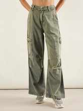 Women Olive Acid Wash High Rise Straight Cargo Jeans-SFJEAN0809
