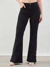 Women Jet Black Button-at-Hem Boot Cut Jeans