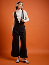 Women Jet Black Deep V-Neck Denim Flared Leg Jumpsuit-SFJMPS8328