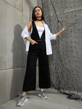 Women Jet Black Deep V-Neck Denim Flared Leg Jumpsuit-SFJMPS8328-Black