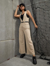 Women Beige Deep V-Neck Denim Flared Leg Jumpsuit-SFJMPS8329-Beige