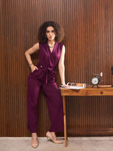 Women Purple Shawl Collar Front Tie Belted Jumpsuit-SFJMPS8341
