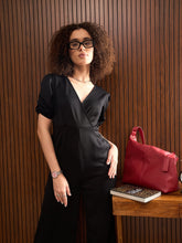 Women Black Side Pocket Puff Sleeves Jumpsuit-SFJMPS8344