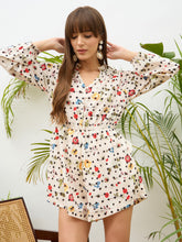 Women Beige Ditsy Floral Balloon Sleeves Playsuit-SFJMPS8352