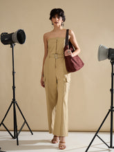 Women Beige Twill Off Shoulder Jumpsuit-SFJMPS8363