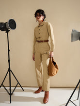 Women Beige Twill Button Down Full Sleeve Jumpsuit-SFJMPS8365
