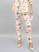 Women White Satin Floral Darted Pants-SFPANT50641