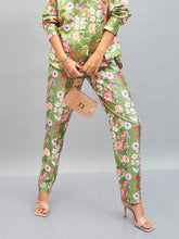 Women Olive Satin Floral Darted Pants-SFPANT50642
