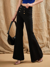 Women Black Front Button Flared Bell Bottom Pants-SFPANT50845