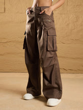 Women Brown Side Pockets Parachute Korean Cargo Pants-SFPANT50855