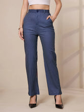 Women Navy Striped Straight Fit Trousers-SFPANT50901