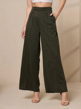 Women Olive Pleated Wide Leg Trousers-SFPANT50909