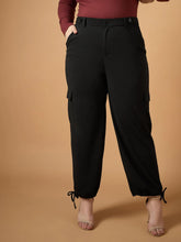 Women Black Solid Pull Hem Cargo Pants-SFPANT50936