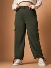 Women Olive Solid Pull Hem Cargo Pants-SFPANT50937